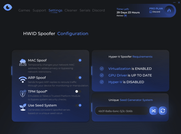 Temp HWID Spoofer settings