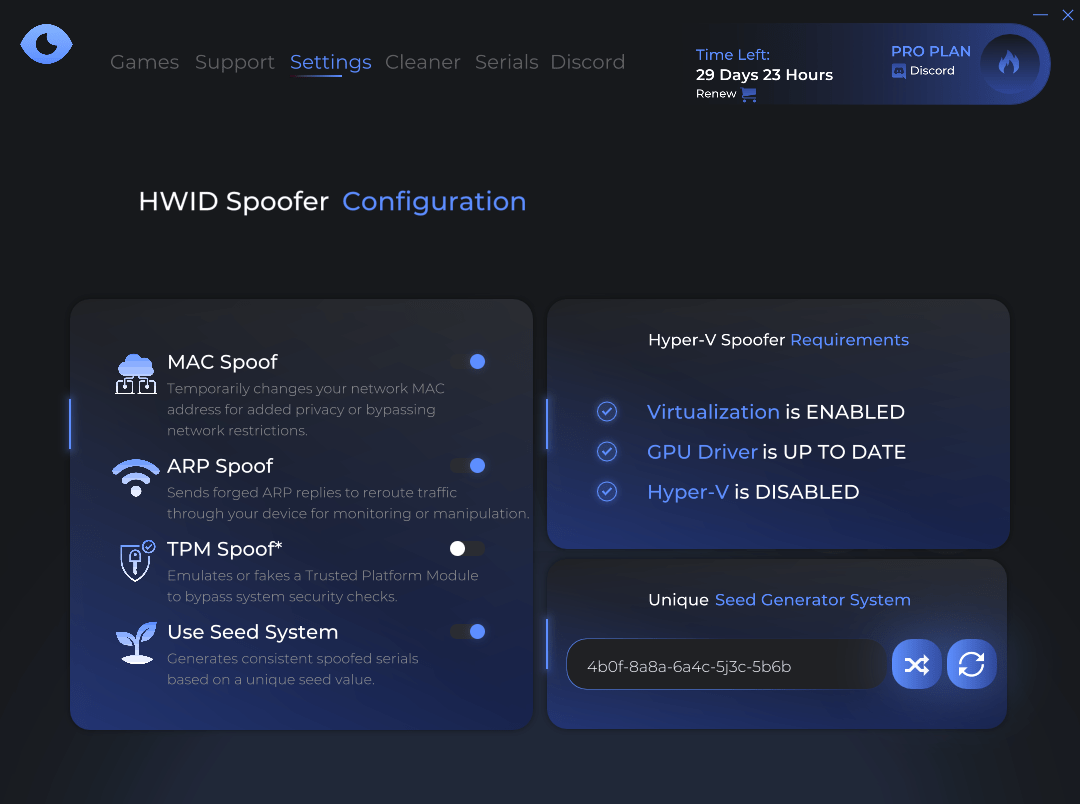 Temp HWID Spoofer settings