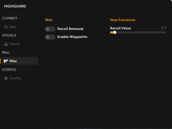 Highguard misc cheat features menu
