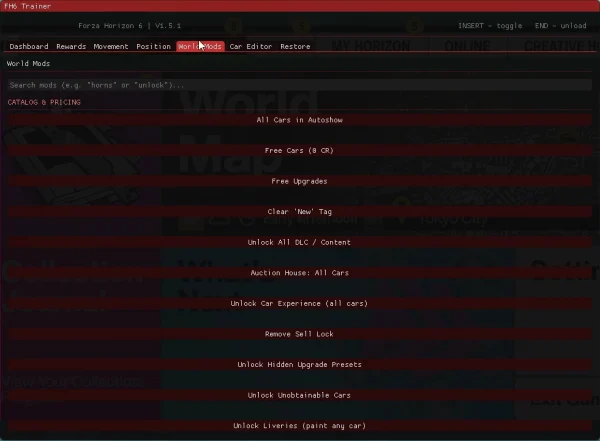 fh6 cheat menu world mods
