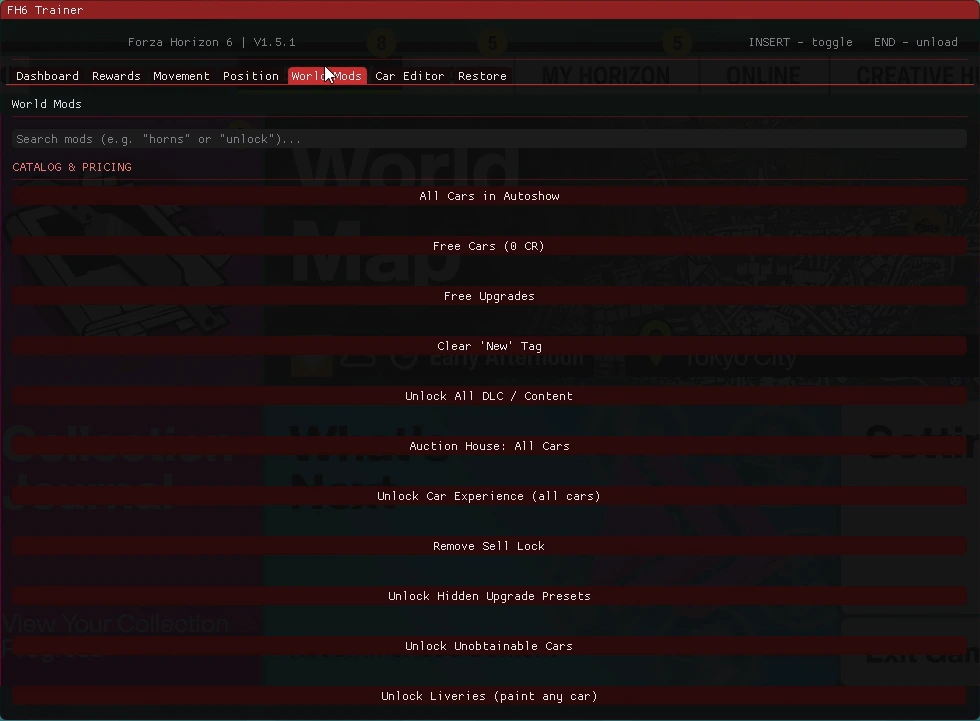 fh6 cheat menu world mods