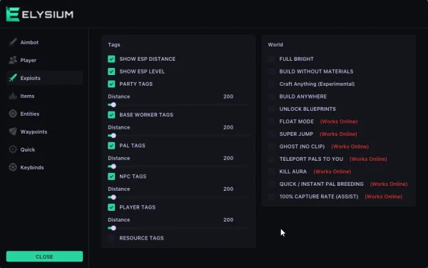 ELYSIUM palworld exploits misc cheat tab