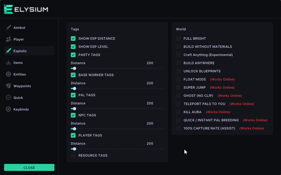 ELYSIUM palworld exploits misc cheat tab