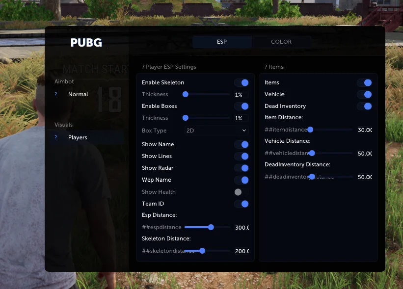 menu esp cheat tab pubg