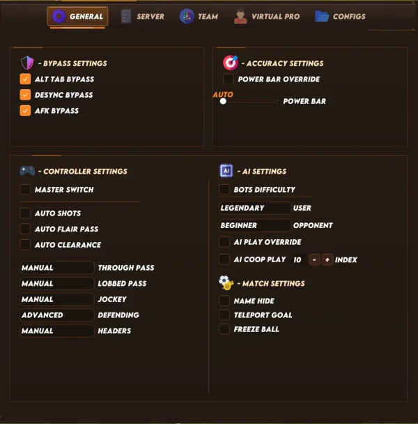 FC 27 Premium cheat menu - General tab with bypass, accuracy, controller and AI settings