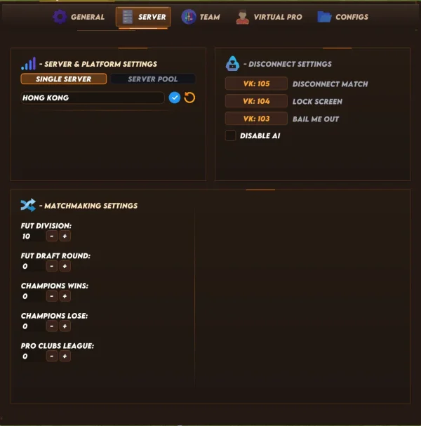 FC 27 Premium cheat menu - Server tab with server selection, disconnect controls and matchmaking modifiers