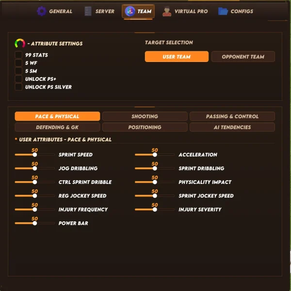 FC 27 Premium cheat menu - Team tab with 99 stats, five-star skills and the team slider editor