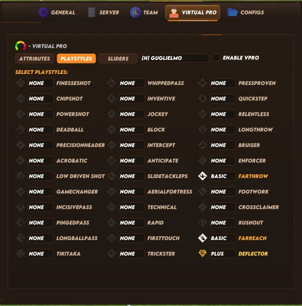 FC 27 Premium cheat menu - Virtual Pro tab with the full attribute and PlayStyle editor