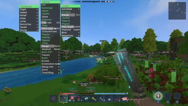 Hytale cheats menu - Hyrage movement, visuals and world features